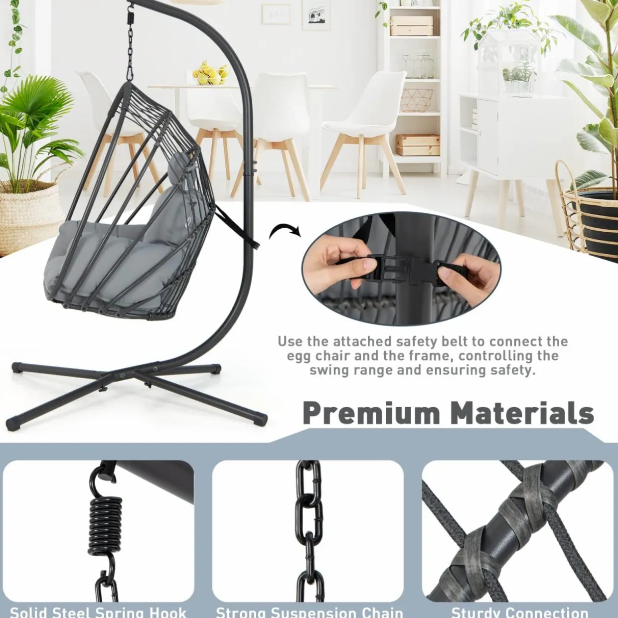 Tangkula Patio Egg Chair with Stand, Hanging Egg Swing Chair with Removable Pillow & Cushion