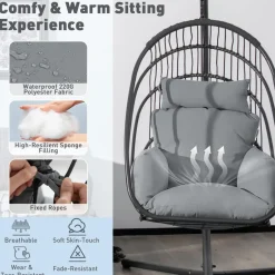 Tangkula Patio Egg Chair with Stand, Hanging Egg Swing Chair with Removable Pillow & Cushion