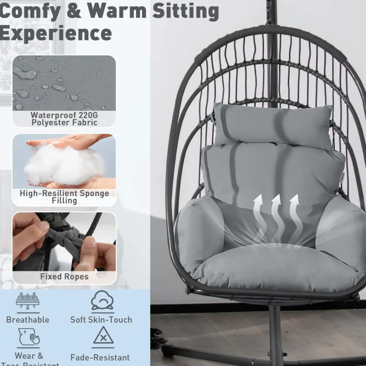 Tangkula Patio Egg Chair with Stand, Hanging Egg Swing Chair with Removable Pillow & Cushion