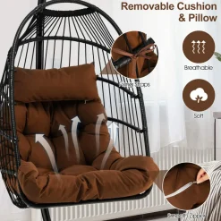Tangkula Patio Egg Chair with Stand, Hanging Egg Swing Chair with Waterproof Cover, Removable Pillow