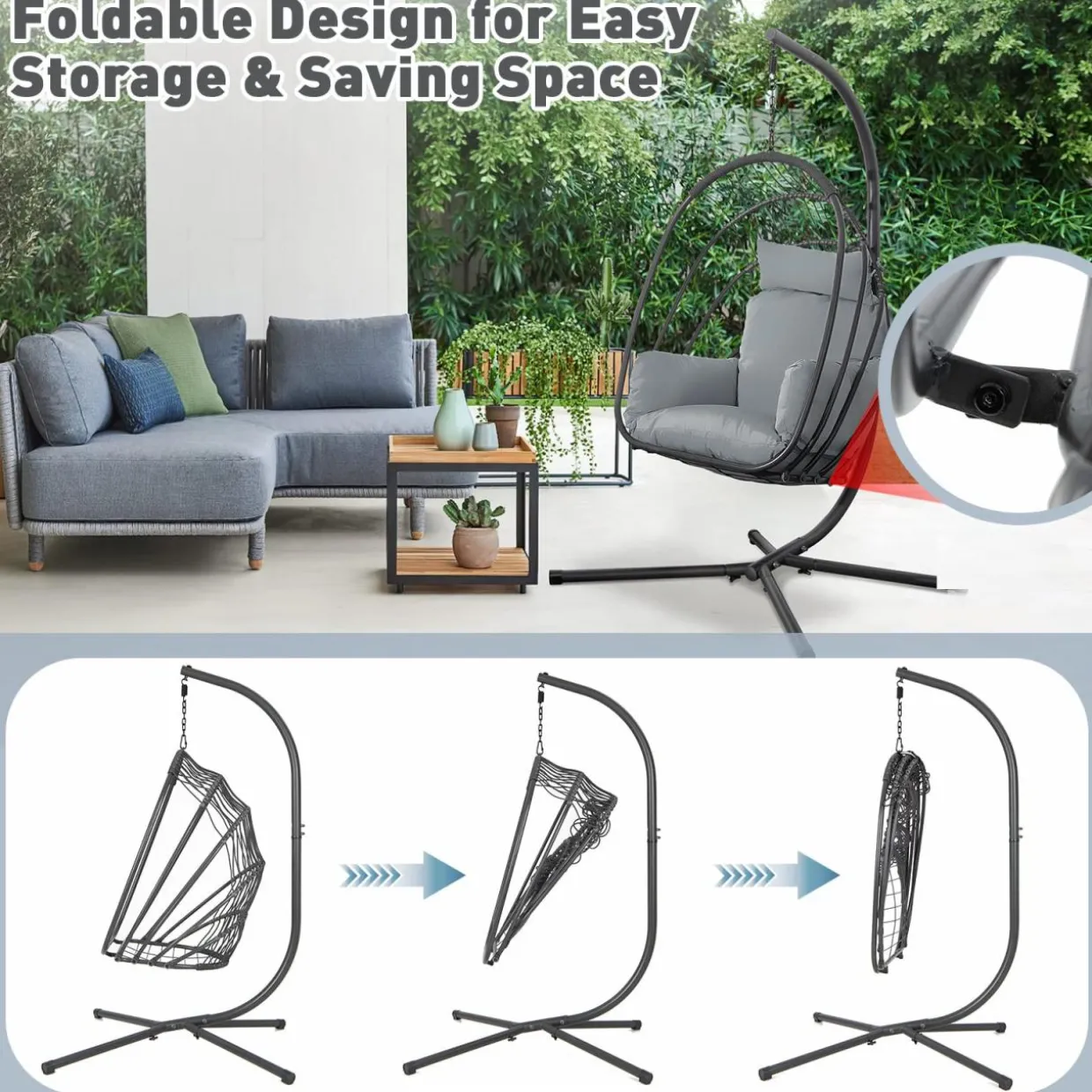 Tangkula Patio Egg Chair with Stand, Hanging Egg Swing Chair with Removable Pillow & Cushion