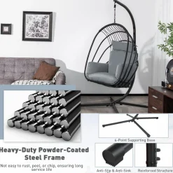 Tangkula Patio Egg Chair with Stand, Hanging Egg Swing Chair with Removable Pillow & Cushion
