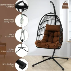 Tangkula Patio Egg Chair with Stand, Hanging Egg Swing Chair with Waterproof Cover, Removable Pillow