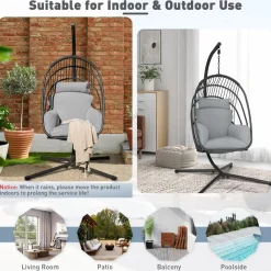 Tangkula Patio Egg Chair with Stand, Hanging Egg Swing Chair with Removable Pillow & Cushion