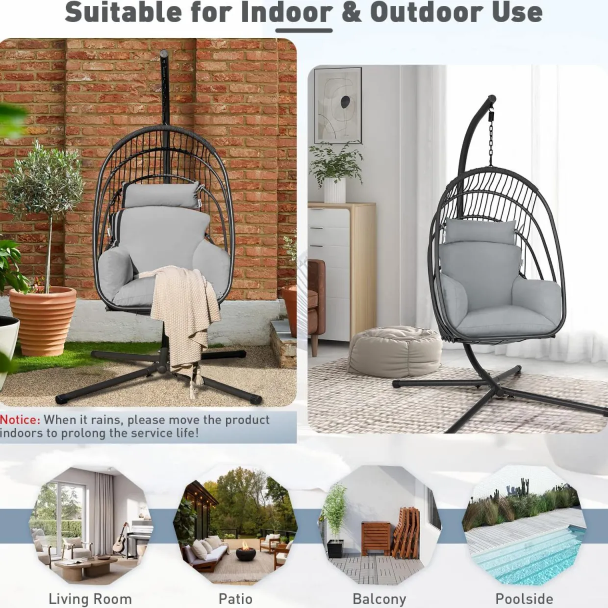 Tangkula Patio Egg Chair with Stand, Hanging Egg Swing Chair with Removable Pillow & Cushion