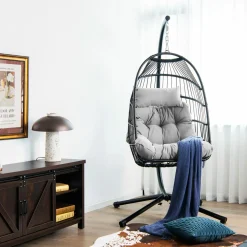 Tangkula Patio Egg Chair with Stand, Hanging Egg Swing Chair with Waterproof Cover, Removable Pillow
