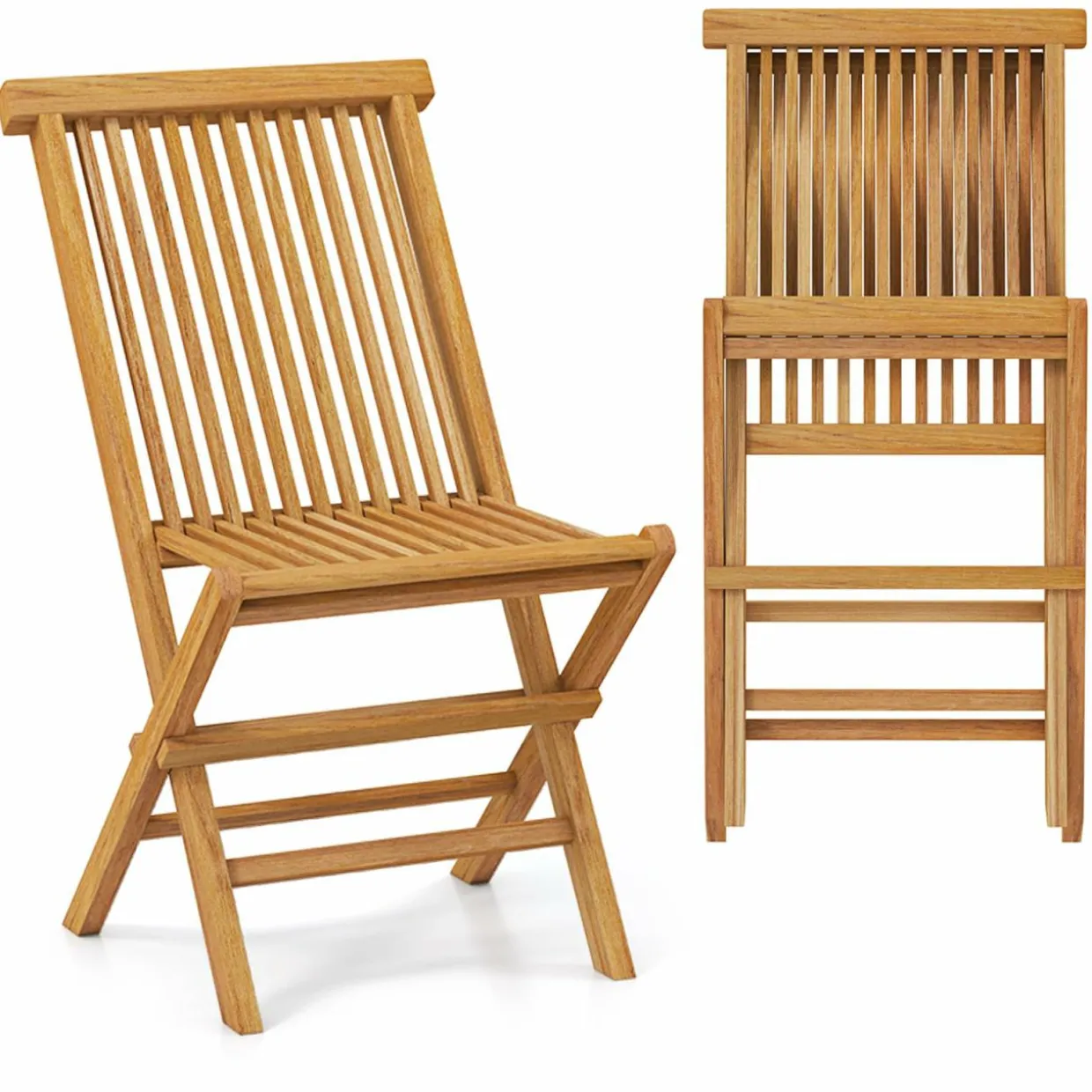 Tangkula Patio Folding Chairs Set of 2/4, Outdoor Teak Wood Chairs w/Slatted Seat & Backrest, X-Shaped Frame