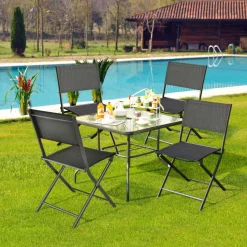 Tangkula Patio Folding Chairs Set of 4, Outdoor Portable Camping Chairs with Breathable Fabric Backrest & Seat