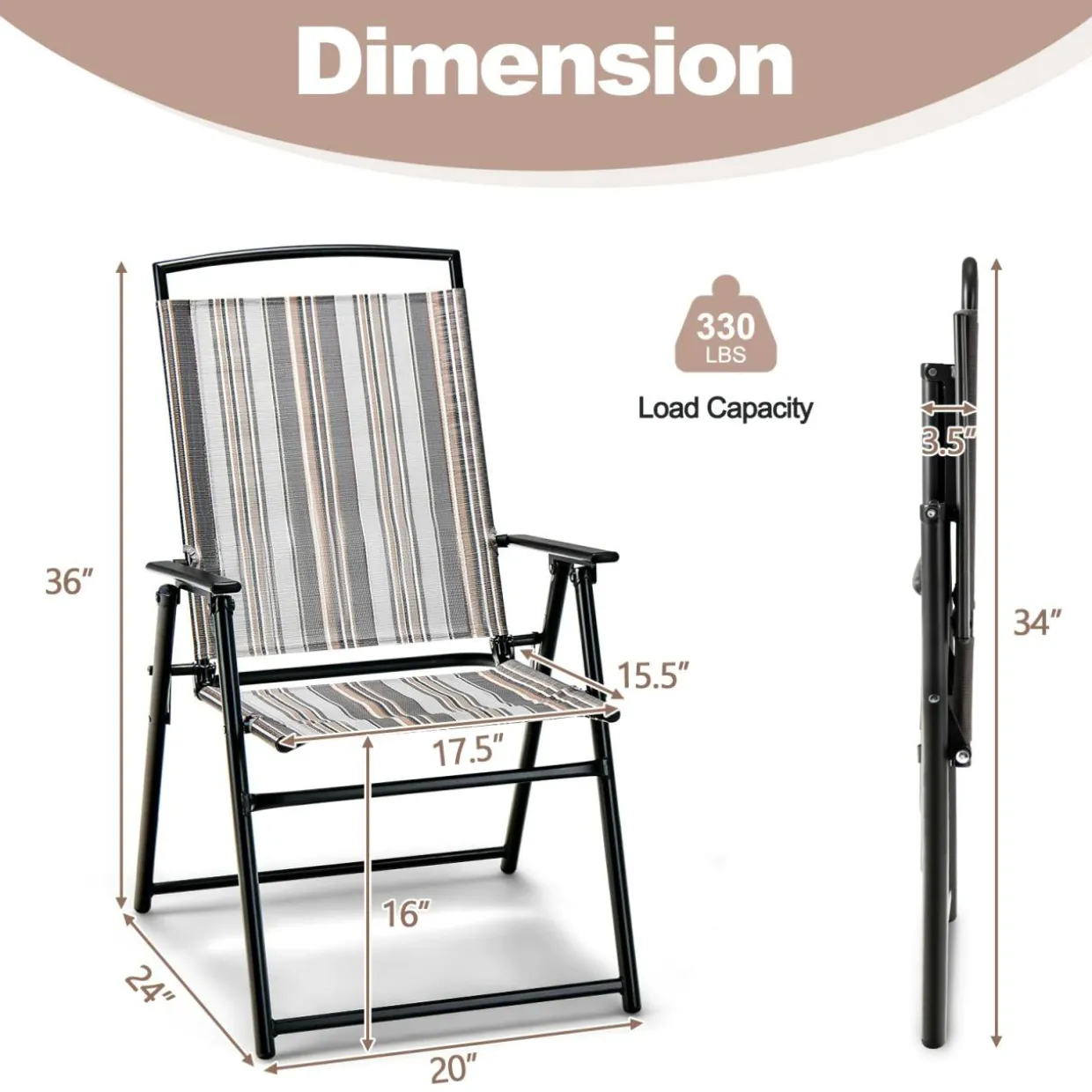 Tangkula Patio Folding Chairs Set of 2, Portable Sling Lawn Chairs with Metal Frame