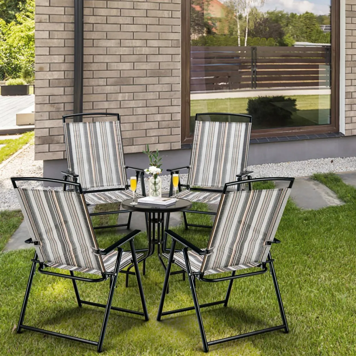 Tangkula Patio Folding Chairs Set of 2, Portable Sling Lawn Chairs with Metal Frame