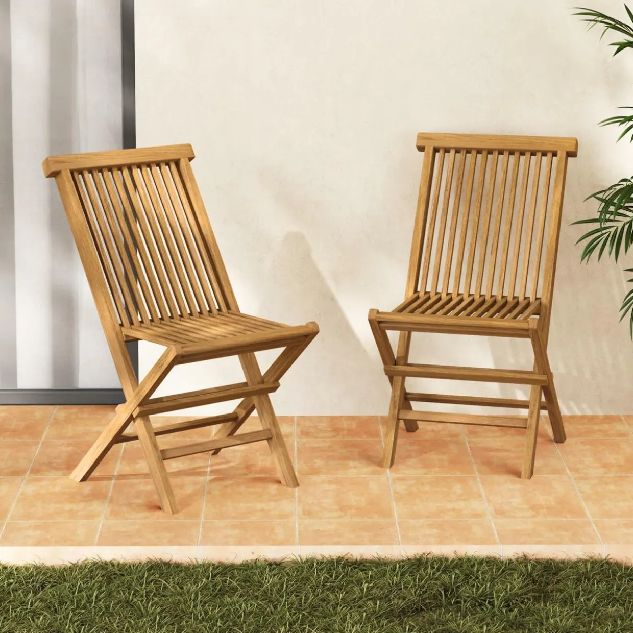 Tangkula Patio Folding Chairs Set of 2/4, Outdoor Teak Wood Chairs w/Slatted Seat & Backrest, X-Shaped Frame