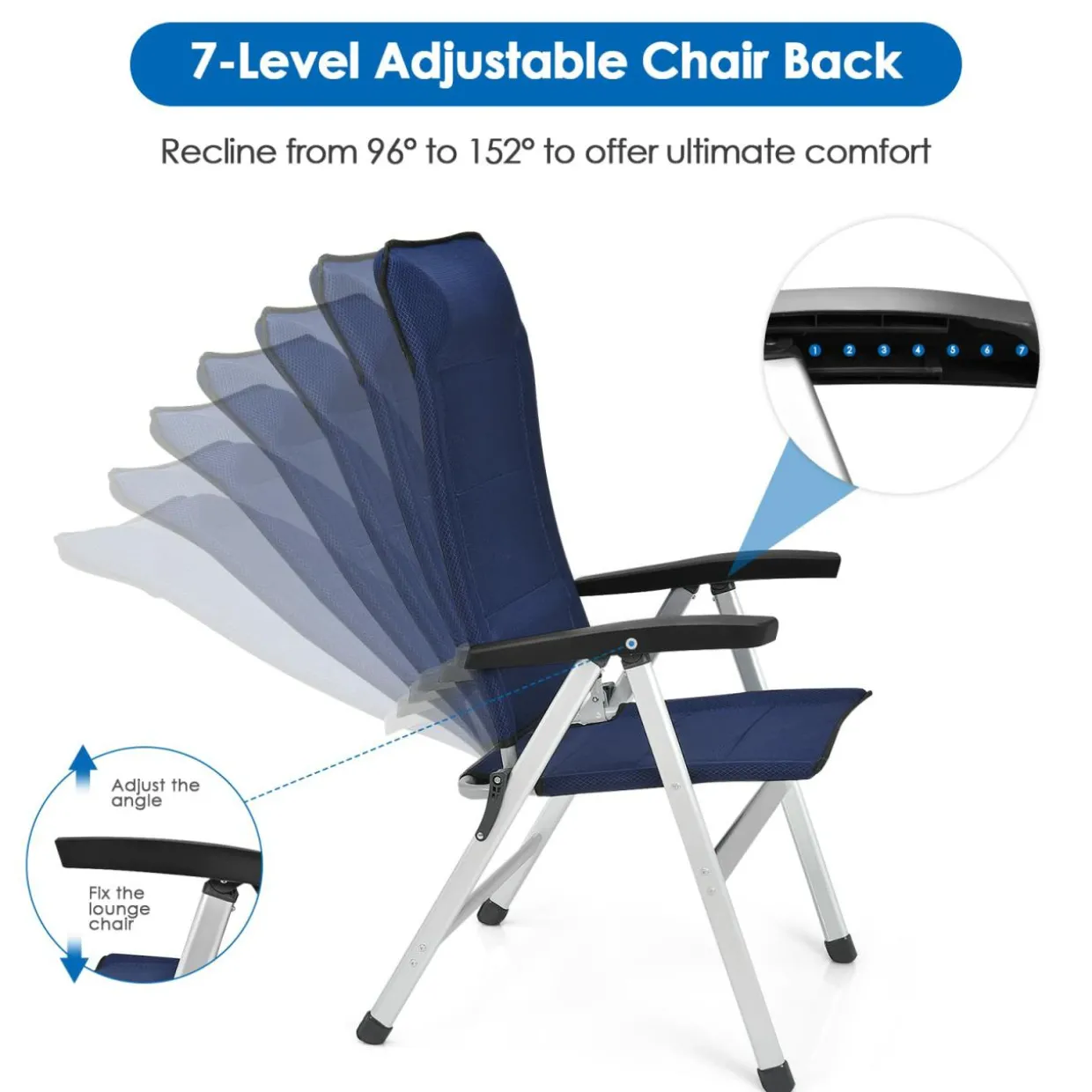 Tangkula Patio Folding Chairs, Portable Reclining Chairs with 7-Position Adjustable Back & Padded Headrest