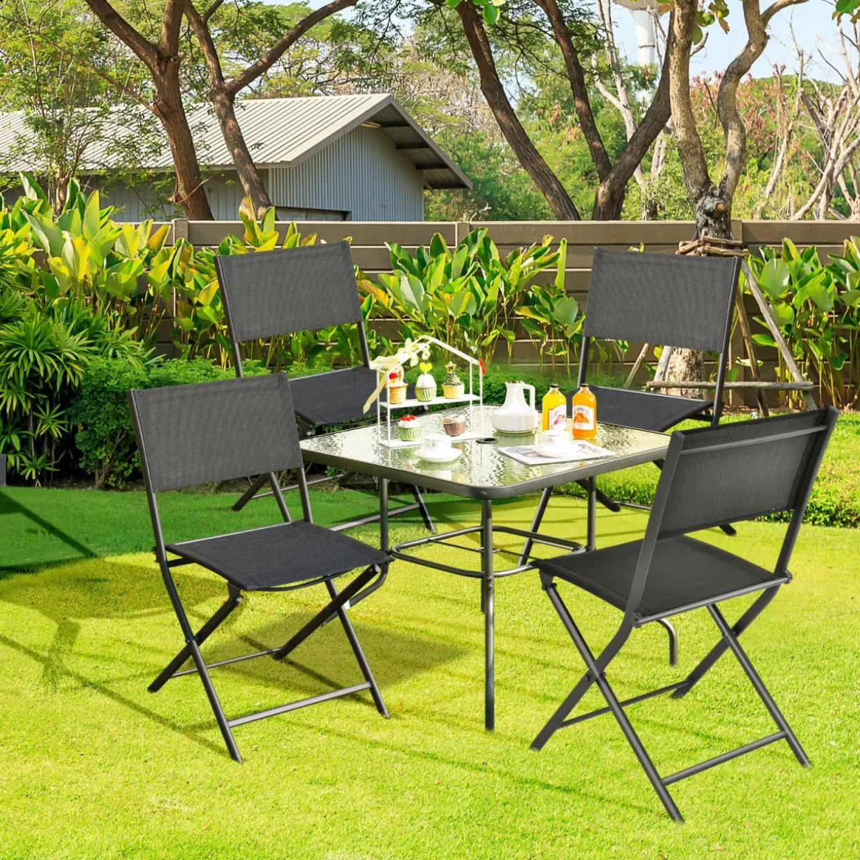 Tangkula Patio Folding Chairs Set of 4, Outdoor Portable Camping Chairs with Breathable Fabric Backrest & Seat