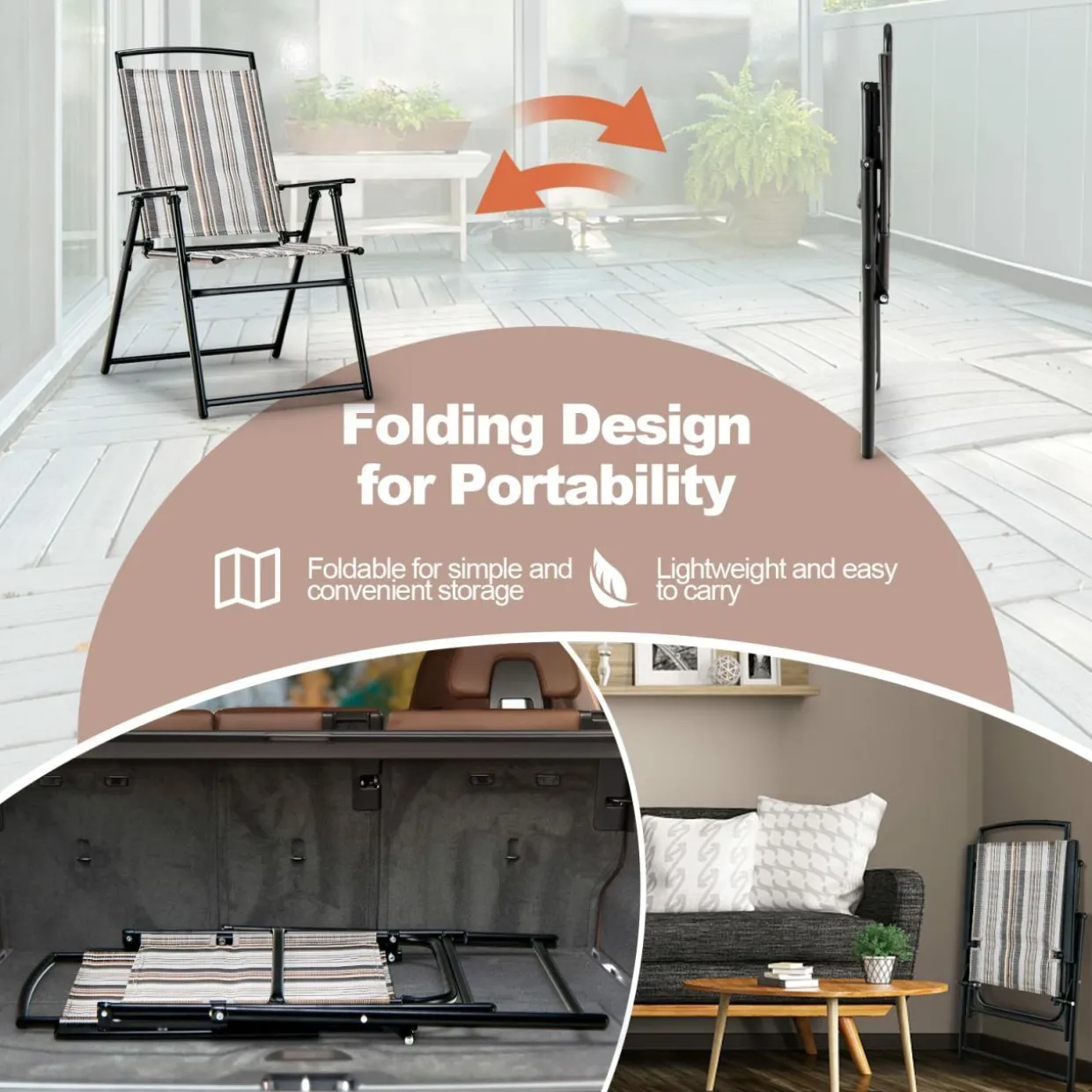 Tangkula Patio Folding Chairs Set of 2, Portable Sling Lawn Chairs with Metal Frame