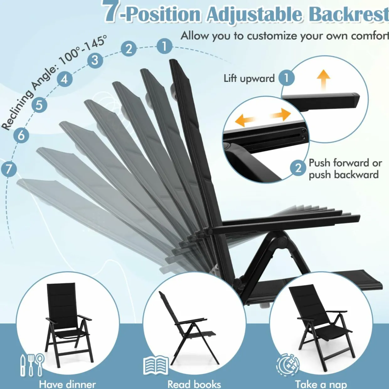 Tangkula Patio Folding Chair, Outdoor Dining Chairs with Soft Padded Seat, 7-Position Adjustable Backrest, Armrests
