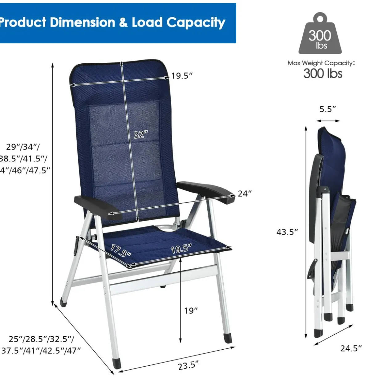 Tangkula Patio Folding Chairs, Portable Reclining Chairs with 7-Position Adjustable Back & Padded Headrest