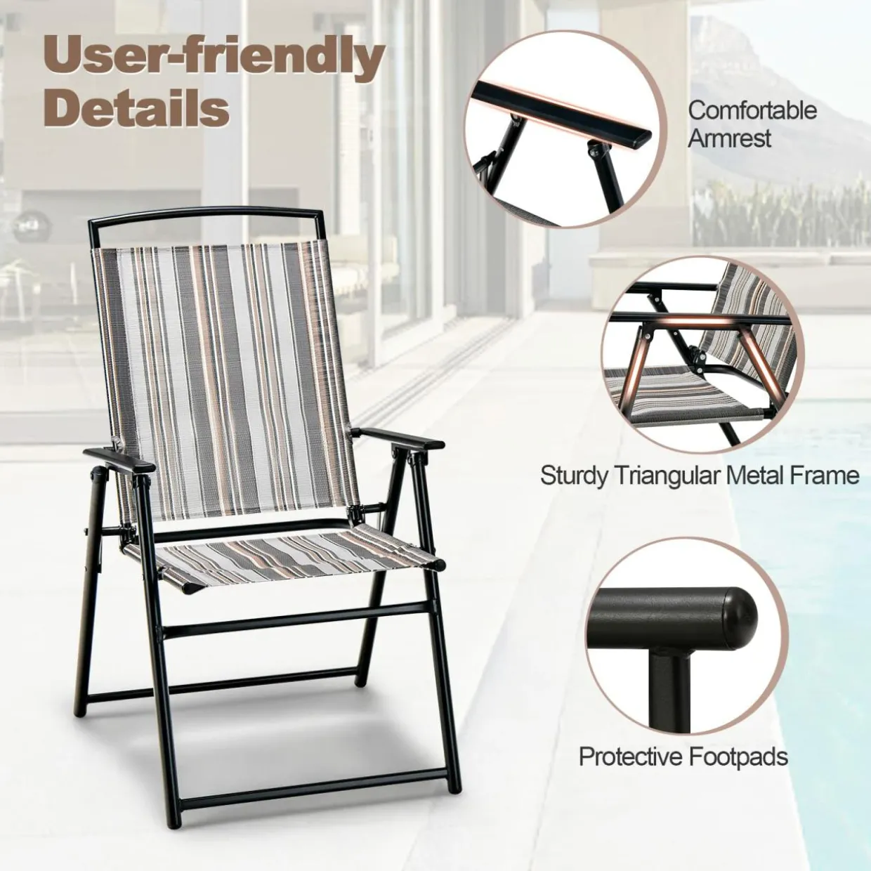 Tangkula Patio Folding Chairs Set of 2, Portable Sling Lawn Chairs with Metal Frame