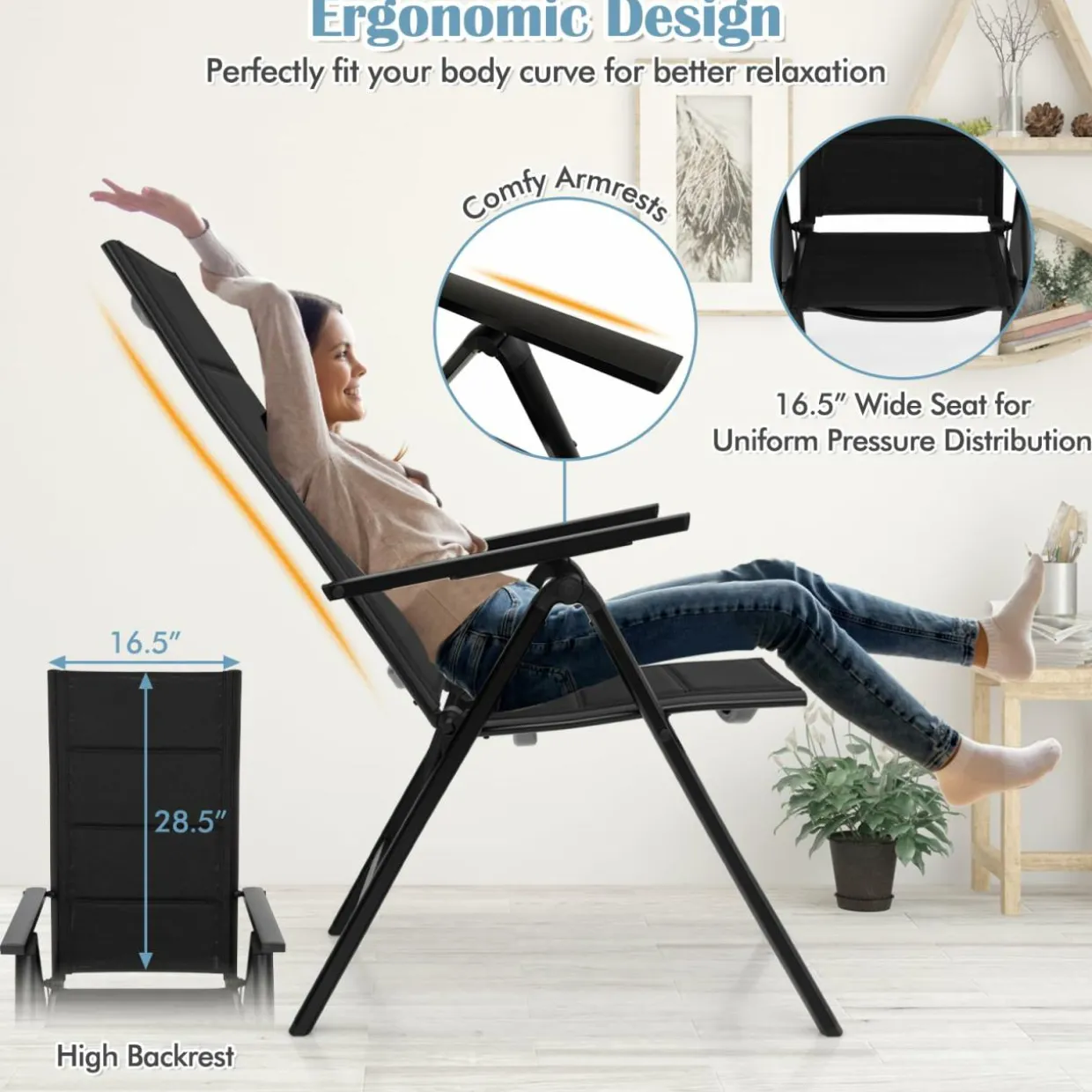 Tangkula Patio Folding Chair, Outdoor Dining Chairs with Soft Padded Seat, 7-Position Adjustable Backrest, Armrests
