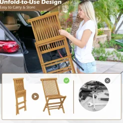 Tangkula Patio Folding Chairs Set of 2/4, Outdoor Teak Wood Chairs w/Slatted Seat & Backrest, X-Shaped Frame