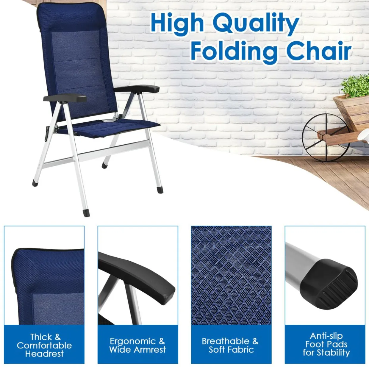 Tangkula Patio Folding Chairs, Portable Reclining Chairs with 7-Position Adjustable Back & Padded Headrest