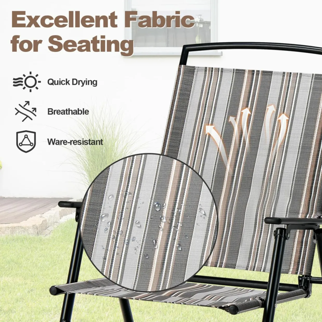 Tangkula Patio Folding Chairs Set of 2, Portable Sling Lawn Chairs with Metal Frame