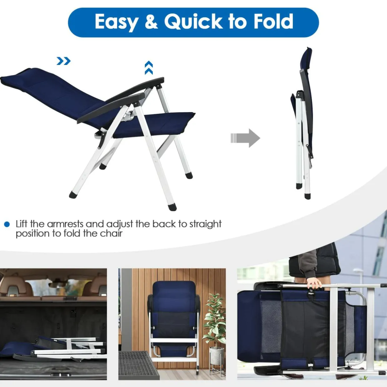 Tangkula Patio Folding Chairs, Portable Reclining Chairs with 7-Position Adjustable Back & Padded Headrest