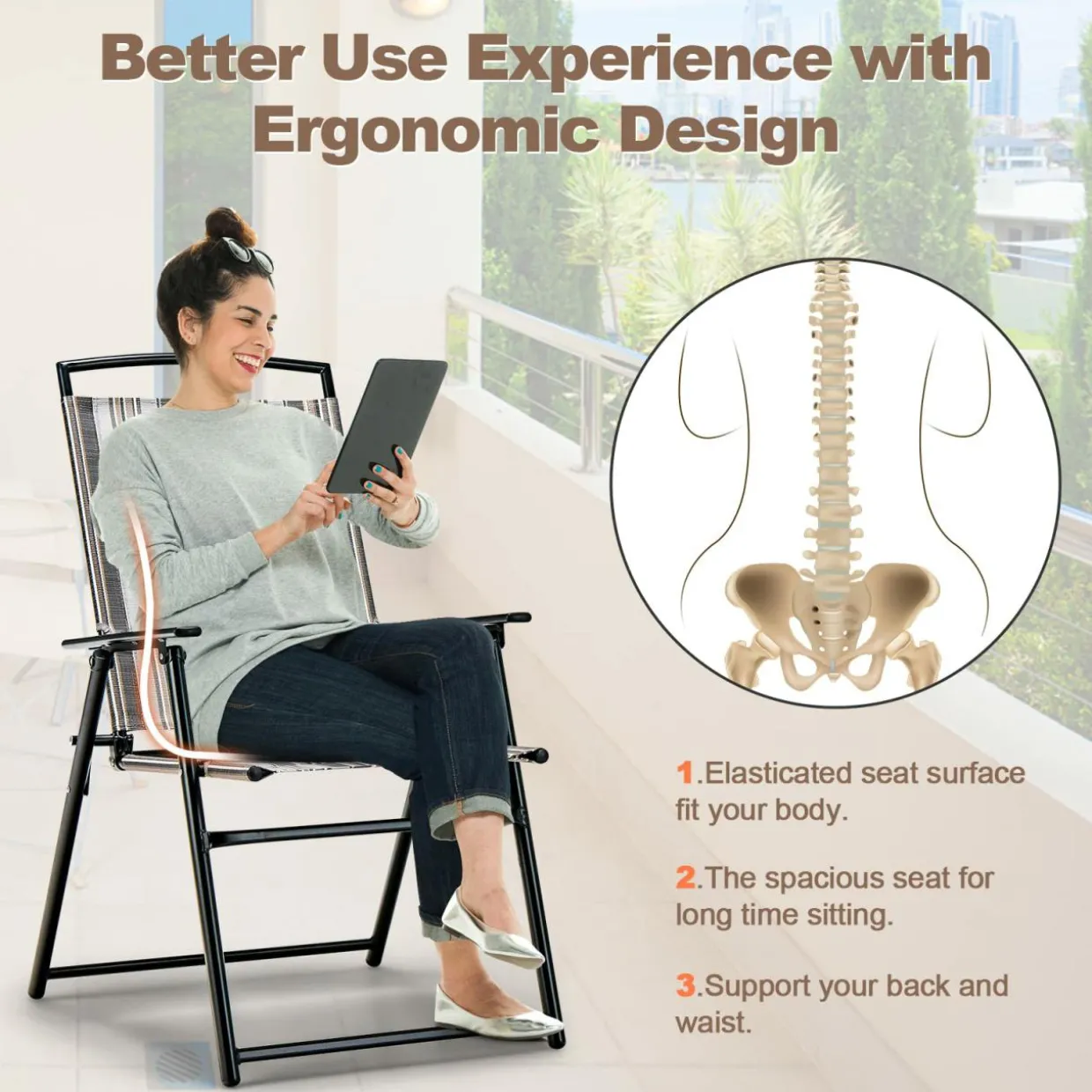 Tangkula Patio Folding Chairs Set of 2, Portable Sling Lawn Chairs with Metal Frame