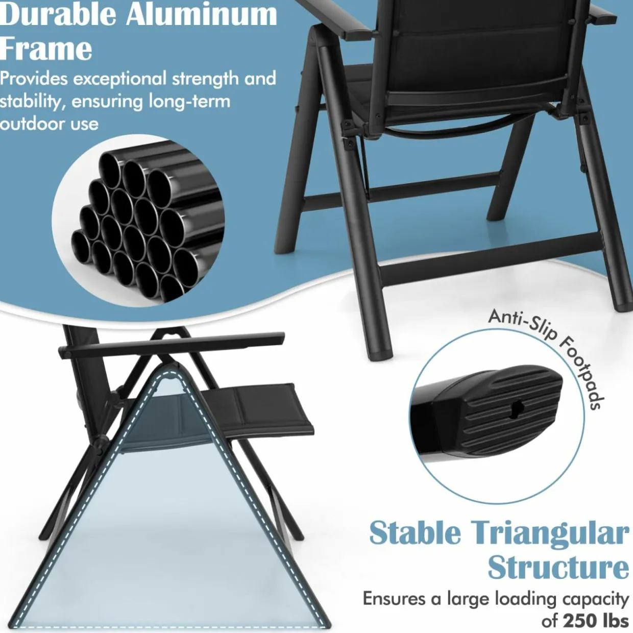 Tangkula Patio Folding Chair, Outdoor Dining Chairs with Soft Padded Seat, 7-Position Adjustable Backrest, Armrests