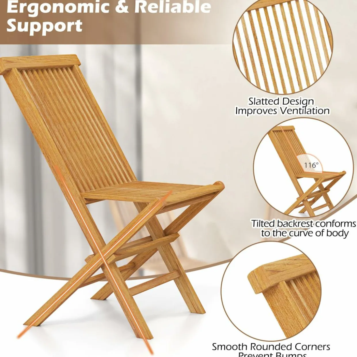 Tangkula Patio Folding Chairs Set of 2/4, Outdoor Teak Wood Chairs w/Slatted Seat & Backrest, X-Shaped Frame