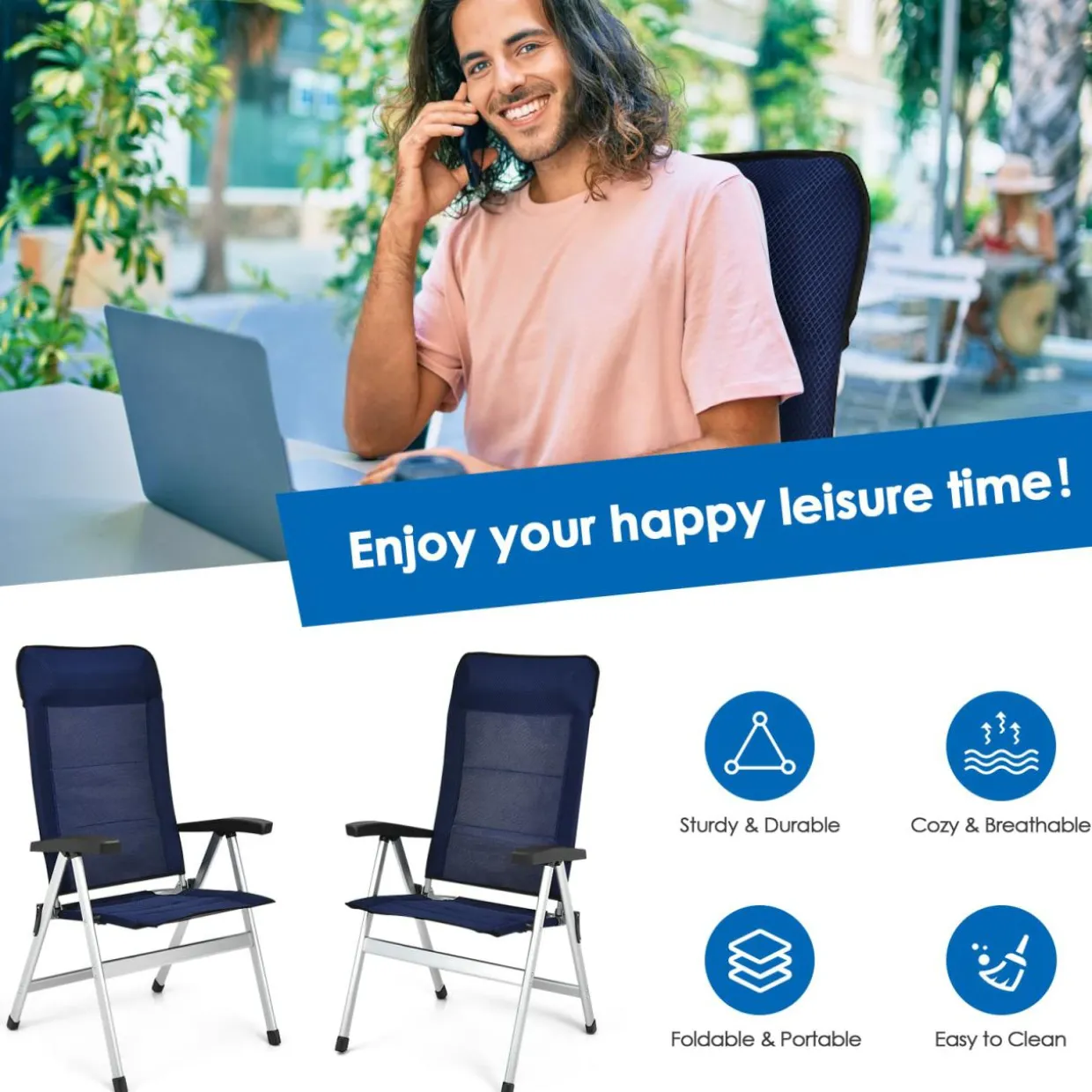 Tangkula Patio Folding Chairs, Portable Reclining Chairs with 7-Position Adjustable Back & Padded Headrest