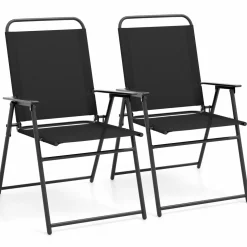Tangkula Patio Folding Dining Chairs Set of 2, Space-Saving Outdoor Sling Chairs with Armrest & Backrest