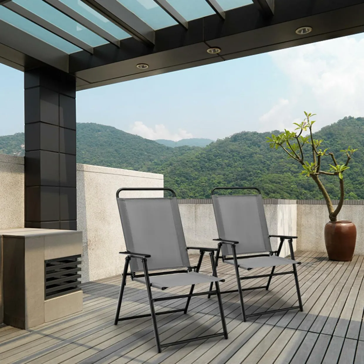 Tangkula Patio Folding Dining Chairs Set of 2, Space-Saving Outdoor Sling Chairs with Armrest & Backrest