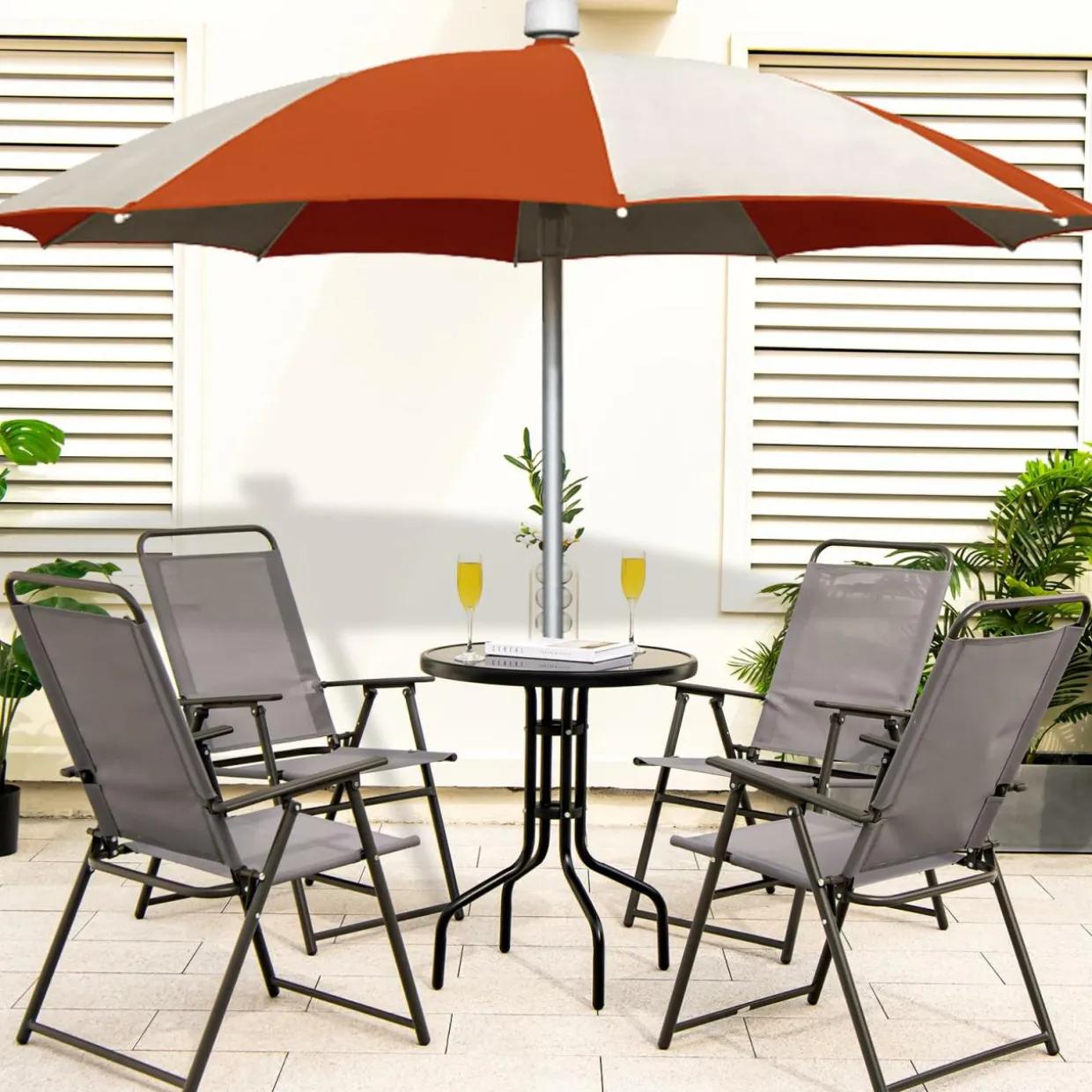 Tangkula Patio Folding Dining Chairs Set of 2, Space-Saving Outdoor Sling Chairs with Armrest & Backrest