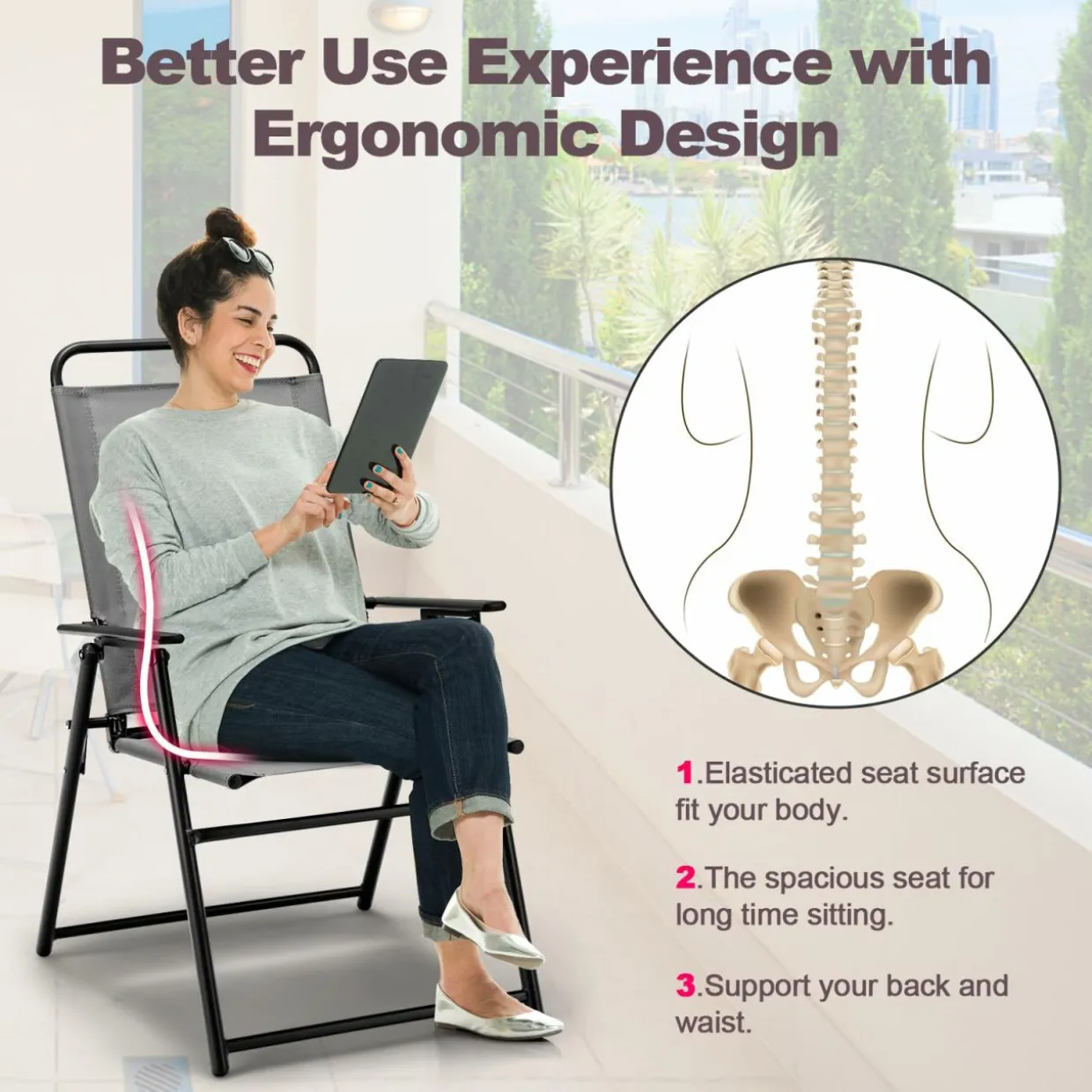 Tangkula Patio Folding Dining Chairs Set of 2, Space-Saving Outdoor Sling Chairs with Armrest & Backrest
