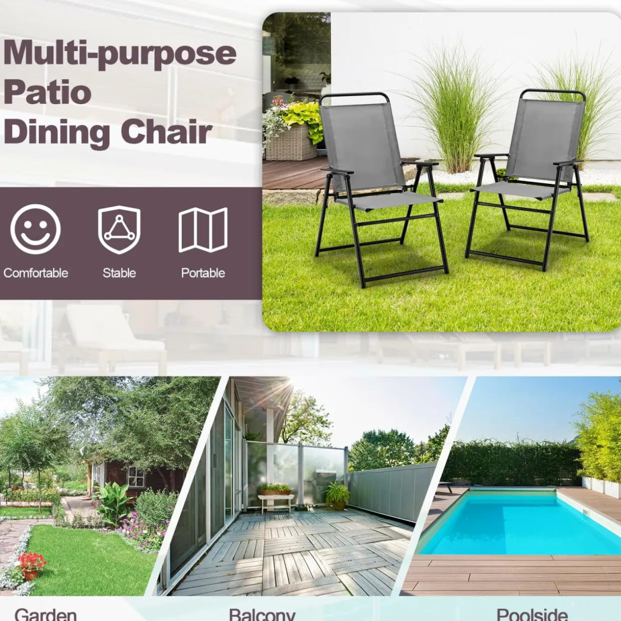 Tangkula Patio Folding Dining Chairs Set of 2, Space-Saving Outdoor Sling Chairs with Armrest & Backrest