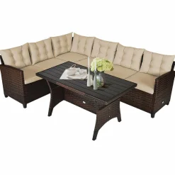 Tangkula Patio Furniture Set, 3 Pieces Outdoor Conversation Set with 6 Cushioned Seat & Coffee Table