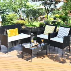 Tangkula Patio Furniture Set, Outdoor Wicker Conversation Set with Tempered Glass Coffee Table