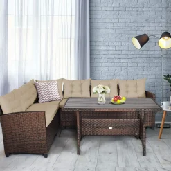 Tangkula Patio Furniture Set, 3 Pieces Outdoor Conversation Set with 6 Cushioned Seat & Coffee Table