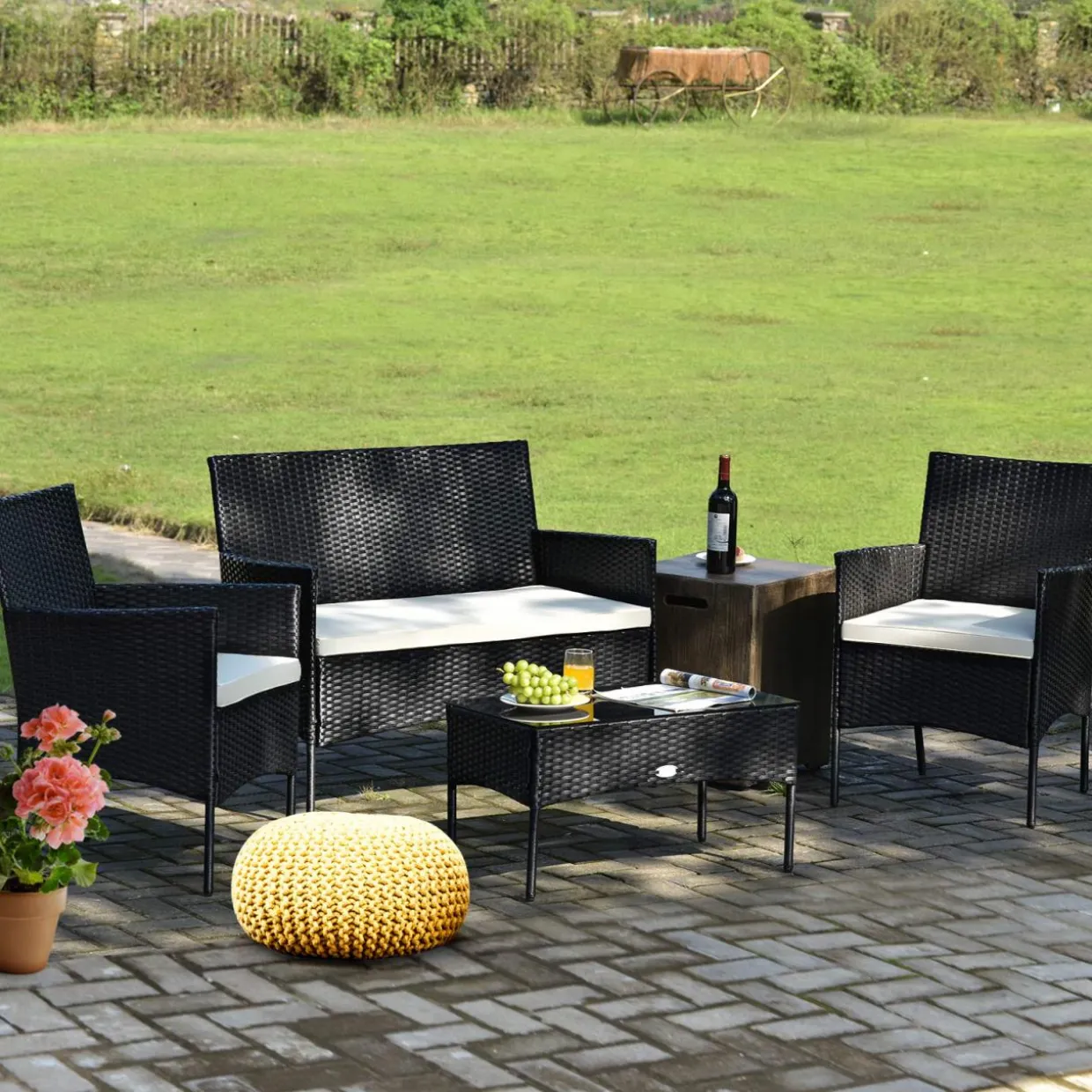 Tangkula Patio Furniture Set, Outdoor Wicker Conversation Set with Tempered Glass Coffee Table