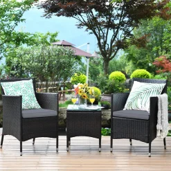 Tangkula Patio Furniture Set 3 Piece, Outdoor Wicker Rattan Conversation Set