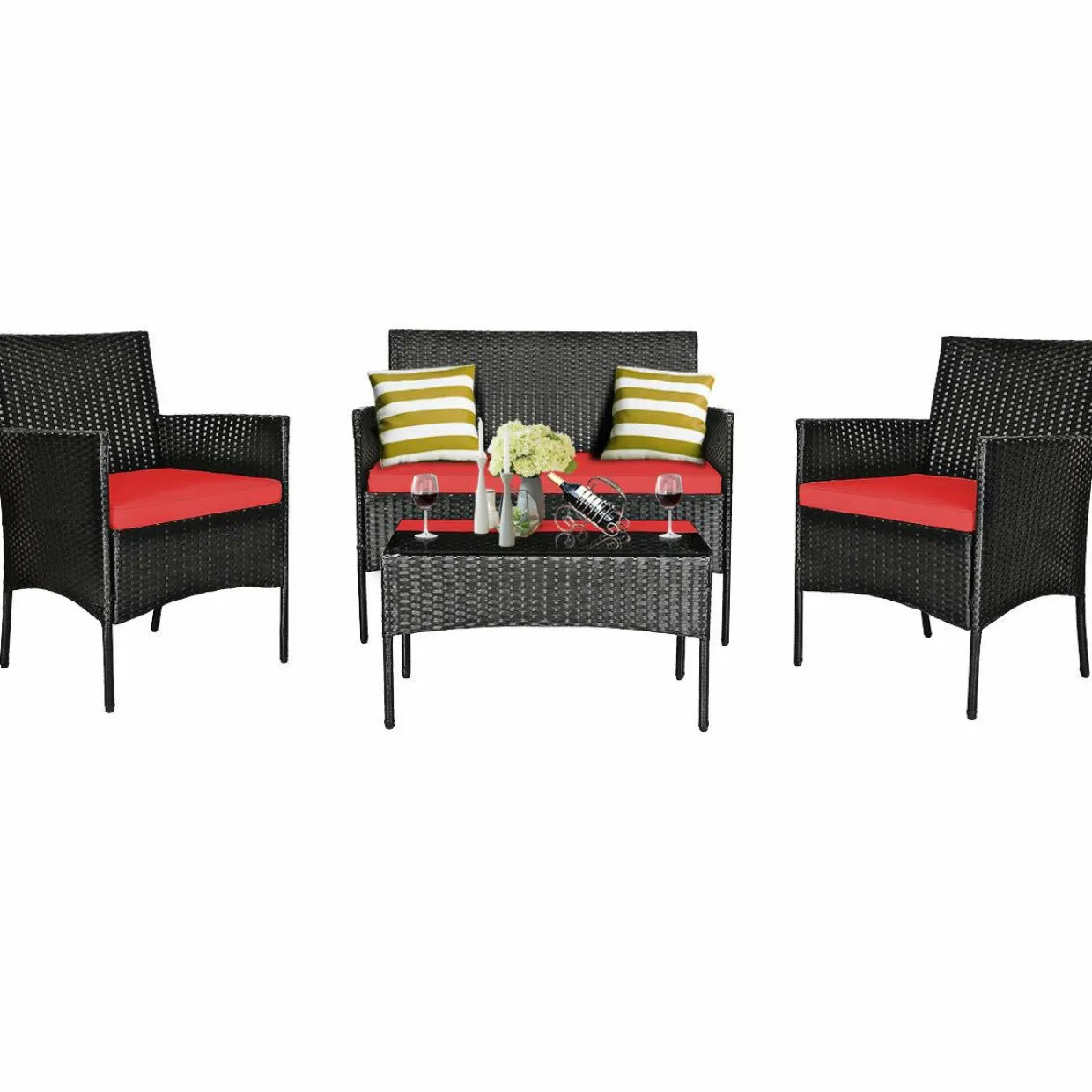 Tangkula Patio Furniture Set, Outdoor Wicker Conversation Set with Tempered Glass Coffee Table