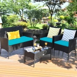 Tangkula Patio Furniture Set, Outdoor Wicker Conversation Set with Tempered Glass Coffee Table