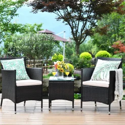Tangkula Patio Furniture Set 3 Piece, Outdoor Wicker Rattan Conversation Set