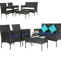 Tangkula Patio Furniture Set, Outdoor Wicker Conversation Set with Tempered Glass Coffee Table