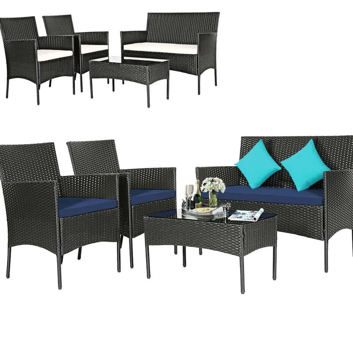 Tangkula Patio Furniture Set, Outdoor Wicker Conversation Set with Tempered Glass Coffee Table