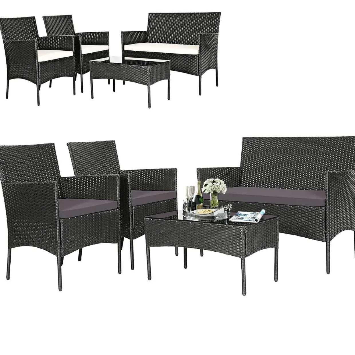 Tangkula Patio Furniture Set, Outdoor Wicker Conversation Set with Tempered Glass Coffee Table