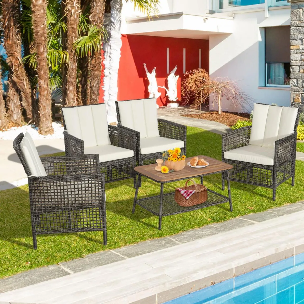 Tangkula Patio Furniture Set with 2-Tier Coffee Table