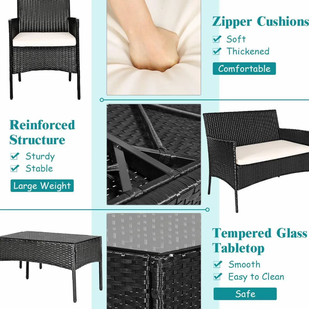 Tangkula Patio Furniture Set, Outdoor Wicker Conversation Set with Tempered Glass Coffee Table