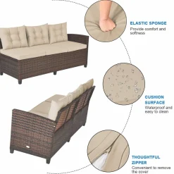 Tangkula Patio Furniture Set, 3 Pieces Outdoor Conversation Set with 6 Cushioned Seat & Coffee Table