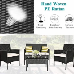 Tangkula Patio Furniture Set, Outdoor Wicker Conversation Set with Tempered Glass Coffee Table